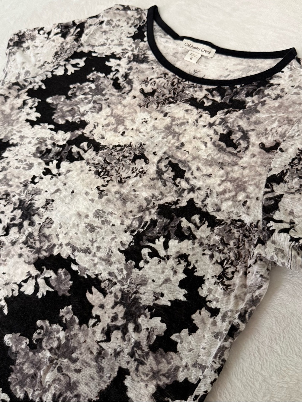 Coldwater Creek Women XL 16 Linen Top Black Gray Floral Short Sleeve